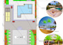 a backyard garden, pool, patio, deck, 3d landscape rendering